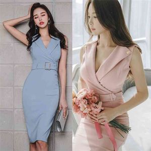 Verão Sexy Escritório Coreano Senhoras Vestido Rosa Sem Mangas V Neck Cinto Formal Bodycon Party para Mulheres China Roupas 210602
