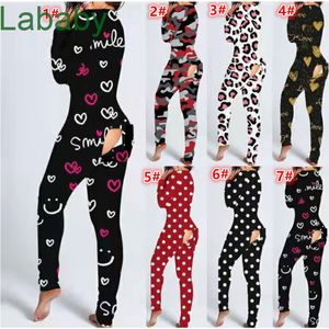 Kvinnor Jumpsuit Designer Onesies V-Neck 2022 Knapp Flip Mönster Utskrift Vuxen Pyjamas Långärmad Slim Sexig Rompers Fashion Casual Clothing 26 Färger