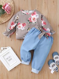 Bebek Çiçek Baskı Flush Sleeve Üst Kuşaklı Pantolon