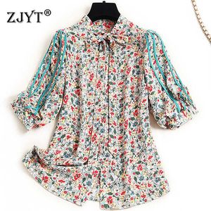 Elegant Lady Summer Short Sleeve Bow Collar Floral Print Chiffon Blouses Women Fashion Office Shirts Plus Size XXL Casual Tops 210601