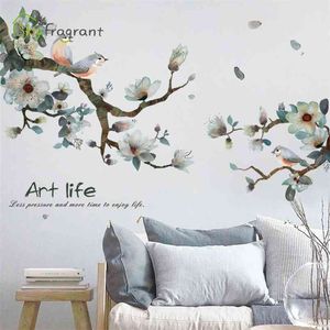 Hand Painted Ink Flower Stickers Warm Home Decor Living Room Tv Background Wall Decor Bedroom Decor Self-adhesive Wall Sticker 210914