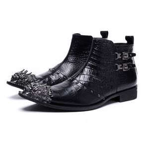 Итальянский стиль мужчины большие размеры черные кожаные ботинки деловая вечеринка мужская мода ботильоны ботилью металла металлический заостренный носок зимний мотоцикл ботинок