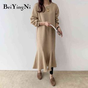 Beiyingni Chic Korean Style Oversized Sweatshirt Dresses for Womens Solid O-neck Loose Vintage Fleece Thicken Long Midi Dress Y1204