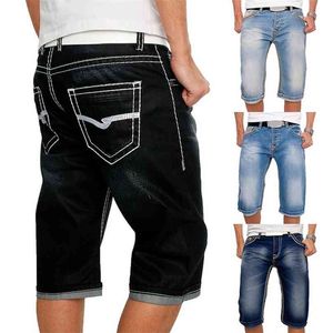 Homens jeans shorts verão casual hetero rua streetwear masculino solto joelho comprimento jean calças preto bolso azul 210723