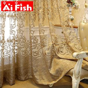 European Luxury Coffee with Golden Wire Jacquard Hollow Tulle Curtain for Living Room Elgent Fabric Windows Drape ZH431#4 210712