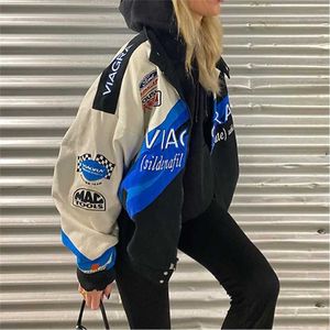 Woman Jacket Blue Printed Casual Loose Sports Style Bomber Women Colorblock Coat Spring and Autumn 211126