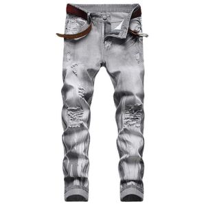 Yeni Erkek Yırtık Sıska Pantolon İnce Biker Pantolon Yıpranır Gri Kot Pantalon Homme X0621