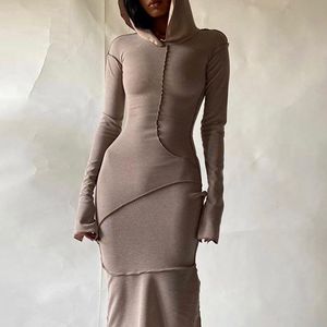 Casual Dresses Spring Hooded Patchwork Women's Long Split Flare Sleeve Skinny Female Dress 2021 Trend Solid Lady Vestidos