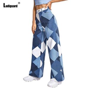 Ladiguard女性デニムパンツ女の子ストリートウェアセクシーなジェグジングストレートレッグジーンズズボンファッションRhombus Demin Pants原宿2021 Y211115