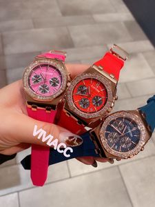 Mode Ny Quartz Chronograph Stopwatch Kvinnor Crystal CZ Diamond Sapphire Multicolor Limited Gummi Sport Kalender Klockor