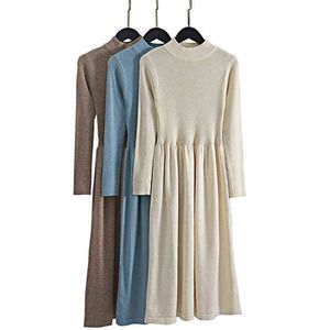 ギゴグアオフィスレディースロングニット女性セータードレス厚い暖かいタートルネックプリーツラインドレス秋冬プルオーバーMidi Dress G1214