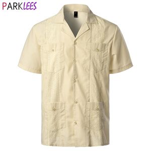 Men's Traditional Cuban Camp Collar Guayabera Shirt Short Sleeve Embroidered Mexican Caribbean Style Beach Shirt with 4 Pocket 210522