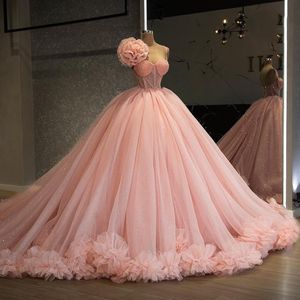 Różowy 2022 brokatowa suknia balowa sukienki Quinceanera Freading Ruffles Flower Prom Suknie Sweet 15 Sukienki maskarady