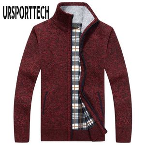 Ursporttech stickad mäns tröja cardigan case casual faux päls ull tröja jackor män stickning tröja plus storlek varm cardigan 211018