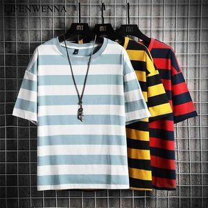 Fashion Stripe T Shirt Homens Casual Plus Size T-shirt de Manga Curta Verão Hip Hop Streetwear Tops Tees T-shirt Masculino Algodão Tshirt 5xL 210706