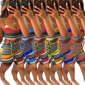 Kvinnor Jumpsuits Designer Slim Sexig Stripe Lace Up Onesies U-Neck Ärmlös Vest Shorts One Piece Byxor Visa Waist Rompers Kläder