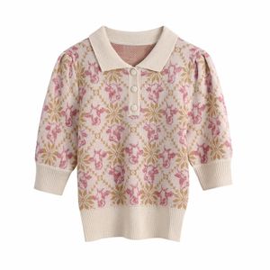 Spring Women Turndown Collar Jacquard Knitting Sweater Female Short Sleeve Pullover Casual Lady Slim Tops SW1169 210430