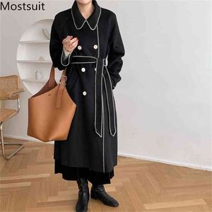 Duplo Breasted Belted Woolen Mulheres Casaco Longo Inverno Color-Bloqueado Coreano Elegante Das Senhoras Outcoat Outwear Femme 210513