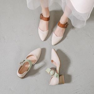 D'orsay Thicken Wood Grain Med High Heels Sandals Women Pointed Toe Round Buckle Strap Flip Flops Non-slip Closed Mary Janes