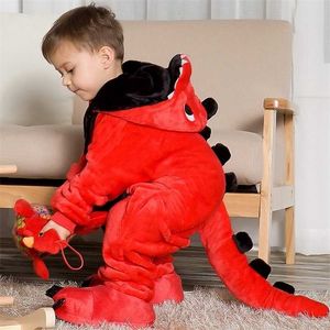Barnens pyjamas tecknad jumpsuit flannel dinosaur djur lek passar långärmad hoodie varm söt rolig pijamas 211023