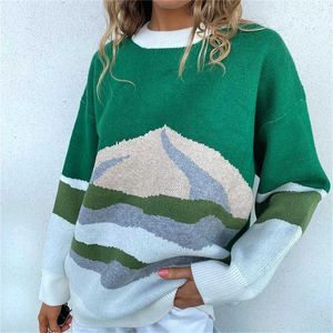 Women Knitted Color Block Loose Sweaters Long Sleeve Preppy Style Sweater Girls Autumn Winter Fashion All-Match Ladies Knitwear 210928