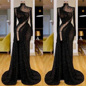 Sparkly Black Mermaid Prom Dresses High Neck Beaded Sequins Long Sleeves Evening Gown Split Sweep Train Custom Made Formal Party Gowns S S S s