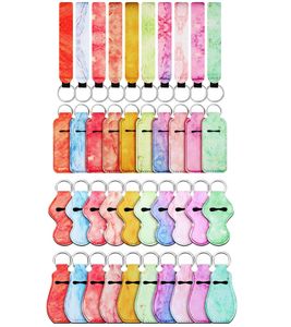 Favor 2pcs/set Neoprene Marble Series Chapstick Holder Wristlet Lanyard Keychain Set Lipstick Cover Hand Wrist Strap Keychains For Women Girls Travel Accessories