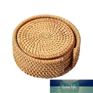 Mats & Pads 6pcs Table Decor Coffee Tea Kitchen Home Heat Insulation Woven With Storage Box Placemats Accessories Rattan Round Shape