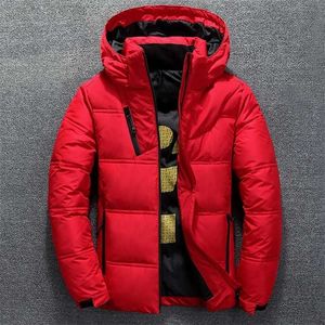 Vinter Varm Män Jacka Coat Casual Höst Stativ Krage Puffer Tjock Hat Vit Duck Parka Male Mäns Vinter Down Jacka med Hood 211008