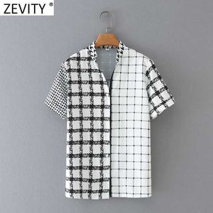 Zevity Women Vintage Houndstooth Patchwork Print Plaid Casual Smock Blouse Office Lady Short Sleeve Shirt Chic Blusa Tops LS9145 210603