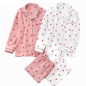 Vår damer pyjamas uppsättning hjärta tryckt crepe bomull dubbelskikt gaze nedbrytning krage långärmad byxor hushållsbrukare 211007