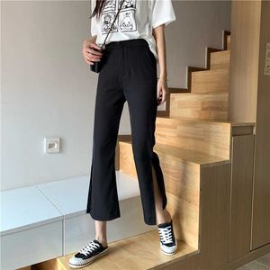 Korean Style Versatile Split Ankle-Length Boot-Cut Trousers High Waist Wide Leg Pants Summer Thin Black Pants for Women 2020 New Y0811