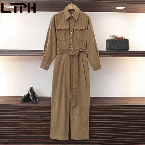 tooling style corduroy Rompers casual all-match long jumpsuit women elegance Plus Size Clothes Jumpsuits Spring 210427