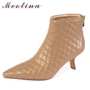 Meotina النساء أحذية قصيرة الأحذية أشار تو الخنجر الكعوب الأحذية الإناث سستة عالية الكعب السيدات أحذية الخريف الشتاء المشمش 40 210608