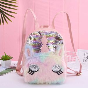 Reversible Sequin Unicorn Soft Plush Kawaii Backpack For Girl School Bag For Winter Teenager Girls Travel Bagpack 211015