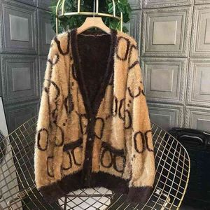 Designer Hoogwaardige damesbont MOH Patded Sweater Jas 2021 Herfst en Winter Jacquard V-nek Cardigan Fashion Top