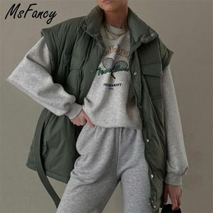 Msfancy Green Pikowana kamizelka Kobiety Zimowe Stojak Kołnierz Gilet Femme Moda Kieszenie Tunika Lace-Up Chaleco Mujer Znosić 211220