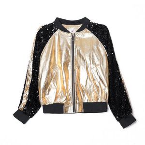 Kurtki damskie Spring Patchwork Sequins Sleeve Pu Kurtka Baseball Mundur Podstawowy płaszcz Krótki płaszcz Złota Srebrna Czarna Bombowca