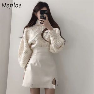 2-częściowy zestaw damski Turtleneck z długim rękawem Swetry z dzianiny + PU Leather Solid Split Bodycon Spódnice Moda Jesień Garnitury 210422