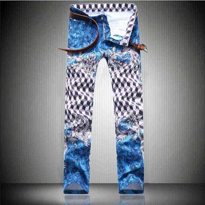 Мода летний бренд напечатанные джинсы мужские брызгиные чернила маленькие ноги красивый ночной клуб с волосами тонкий длинный перью цветочные брюки