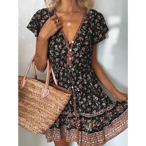 Floral DrWomen Sommer Mode Kurze Ärmel V-ausschnitt Kleider Mehrfarbige Girly Süße Vintage Übergroßen Damen Kleid X0529