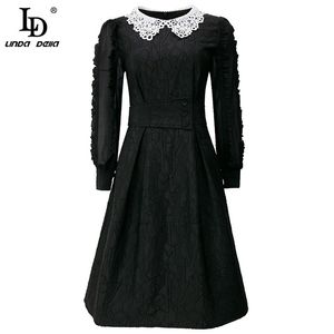 Letnia Moda Designer Mini Dress Kobiety Koronki Peter Pan Collar Długi Rękaw Czarny Vintage Eleganckie Party 210522
