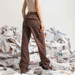Höst kvinna hög midja jeans blomma element rakt denim kläder mode streetwear vintage byxor kvinnors byxor 211129