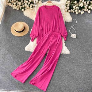 SINGREINY Women Autumn Winter Korean Casual Set Design Irregular Split Tops+High Waist Wide Leg Long Pants Two Piece Suits 2021 Y220214