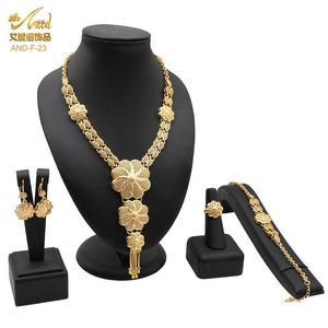 African Fine Jewelry Sets Gold Color Naszyjniki Kolczyki Zestaw Indian Bransoletka Pierścienie Dla Kobiet Dubaj Nigeryjczyk Ślubne Prezenty H1022