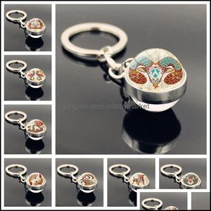 Keychains Fashion Aessories 12 Constellation Time Stone Retro Keychain Double-Sided Glass Ball Charm Metal Keyring Creative Men Women Jewelr