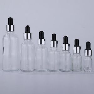 Rensa glasflaskor 5-100 ml droppare Tom eteriska oljekosmetikflaskor med silverlock svart topp