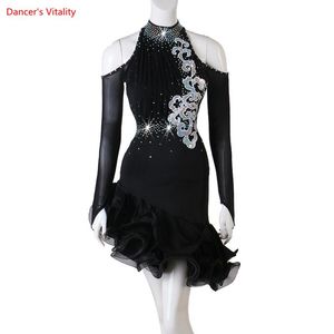 ingrosso Black Dance Dresses-BASSA Abito da ballo latino Dress Donne Girls Nero Maniche lunghe Costumi per abiti diamantati