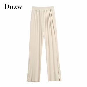 Women Chic Solid Long Pants Fashion Side Split Casual Office Ladies High Waist Trousers Pantalones Mujer 210515