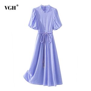 Elegant Summer White Dress For Women Stand Collar Short Sleeve High Waist Hollow Out Ruched Dresses Female Fashion 210531